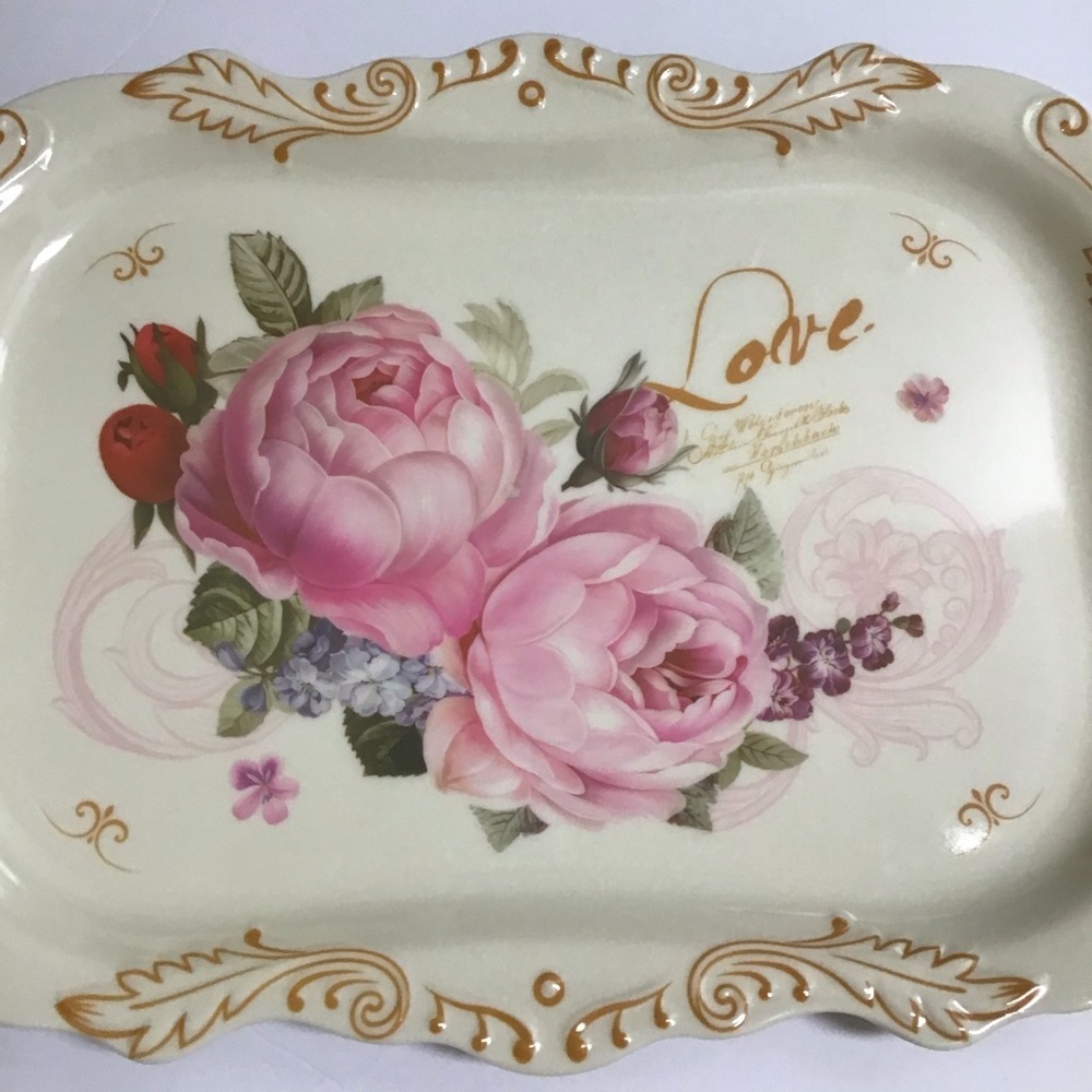 LAST 1! Floral Serving Tray Melamine Handles Cream Pink Peonies Tea Vanity NEW - Picture 3 of 14